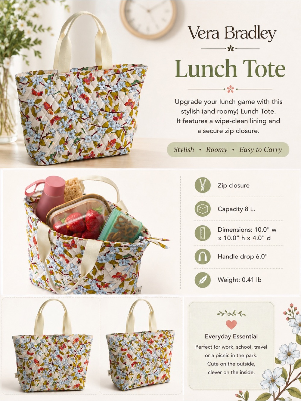Vera Bradley Cream Floral Quilted Lunch Tote